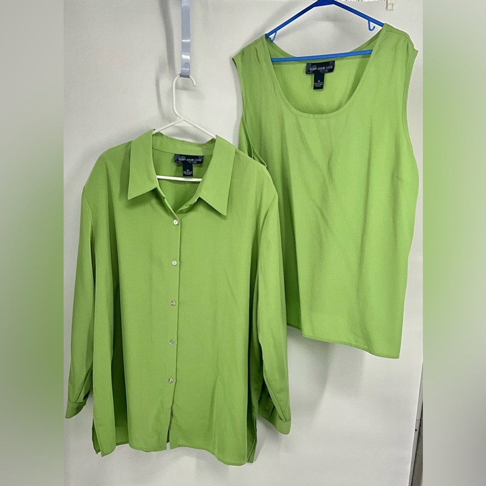 Susan Graver Lime Green Sleeveless Cami Shell & Button-Up Shirt Set Plus Size 3X